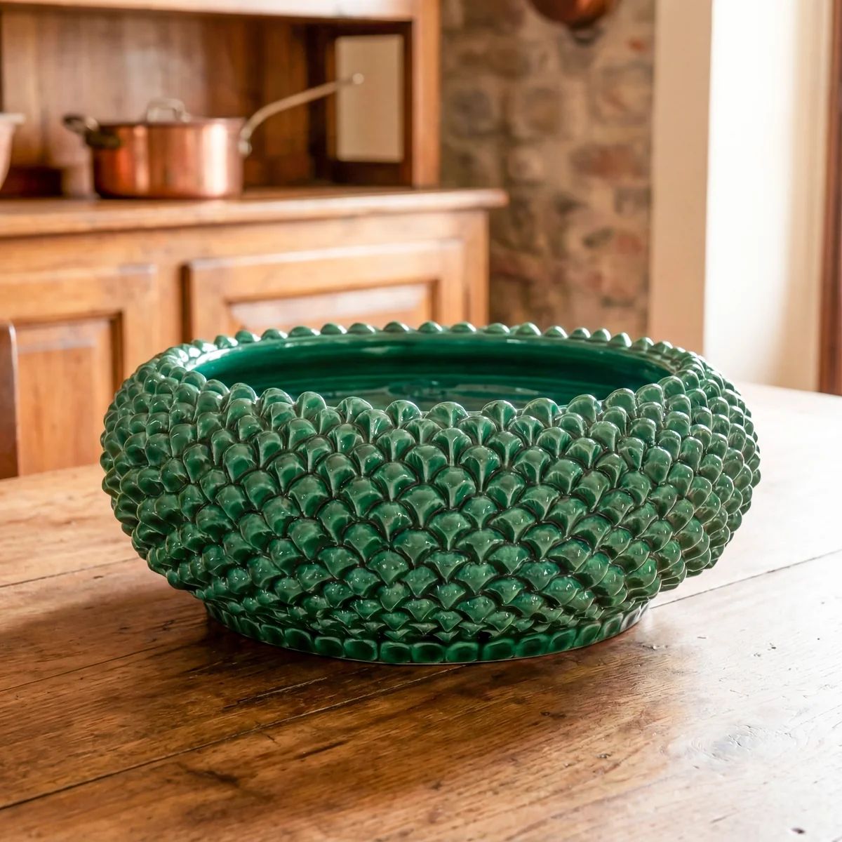 SICILIAN PINECONE: Ceramic Round Centerpiece Bowl - VERDE GREEN