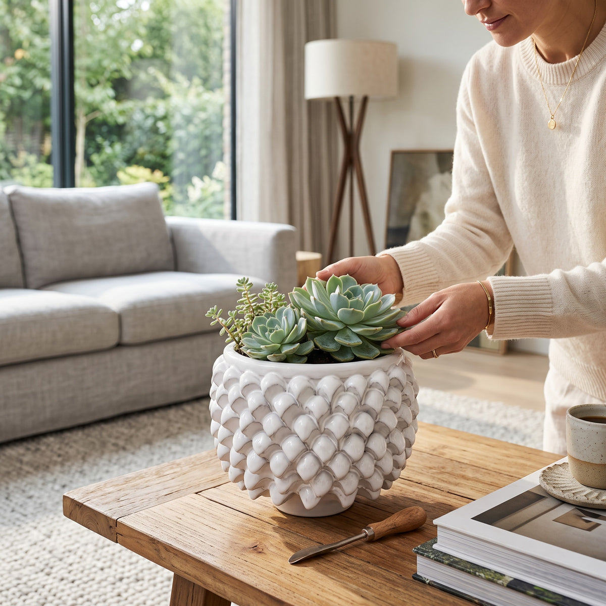 SICILIAN PINECONE: Ceramic Vase Planter Handcrafted - WHITE