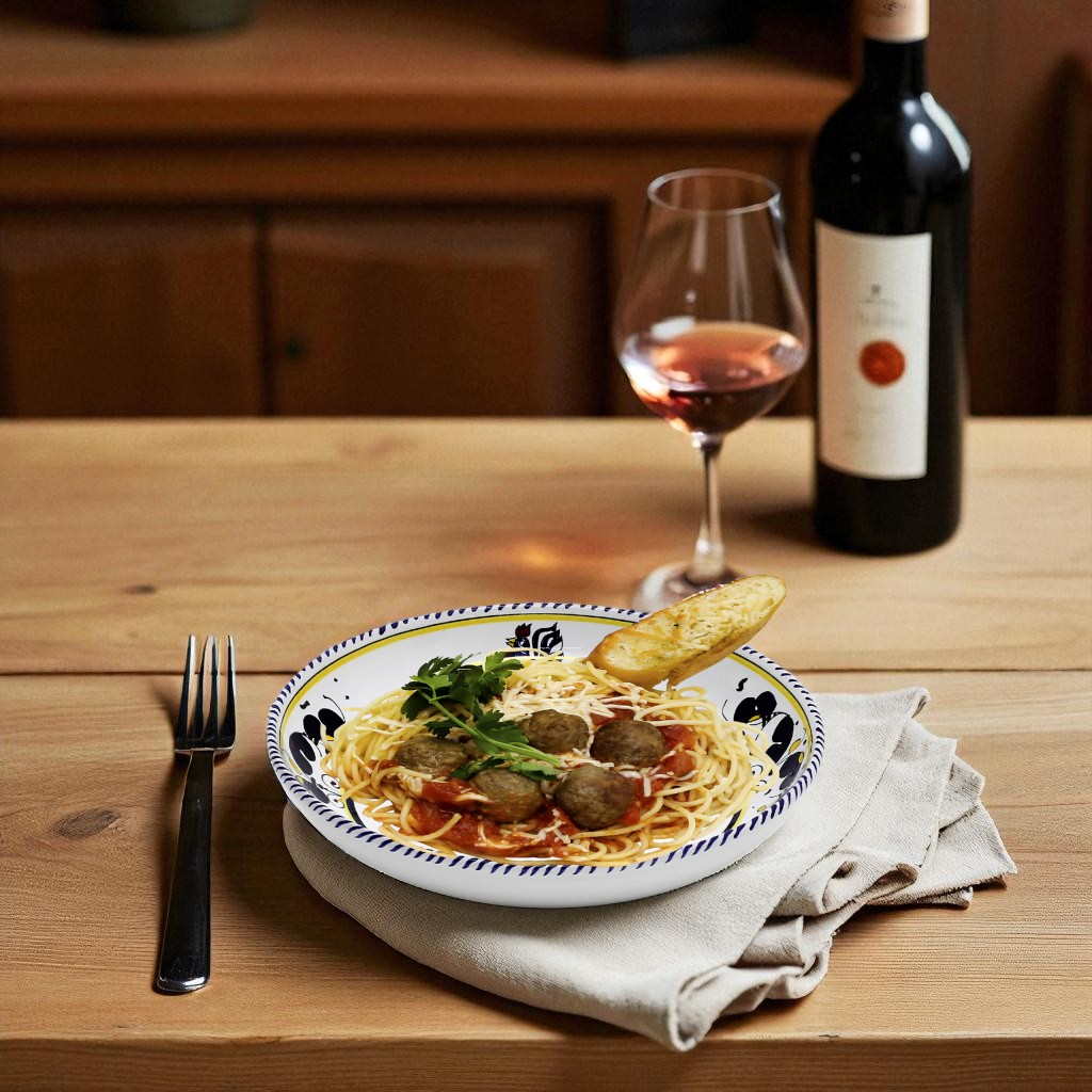 ORVIETO BLUE ROOSTER: Risotto/Pasta/Cioppino round shallow coupe bowl - Artistica.com