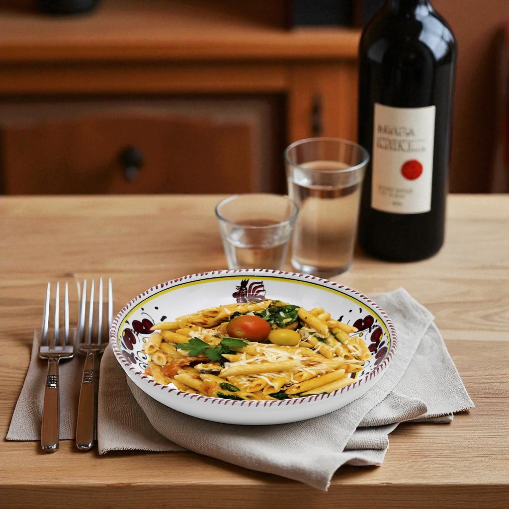 ORVIETO RED ROOSTER: Risotto/Pasta/Cioppino round shallow coupe bowl - Artistica.com