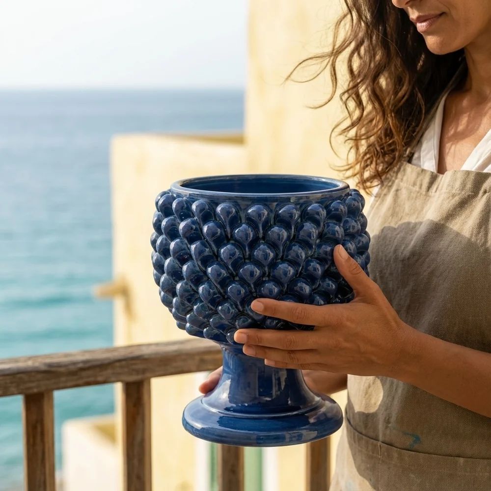 SICILIAN PINECONE: Footed Bowl/Planter/Vase - DEEP BLUE