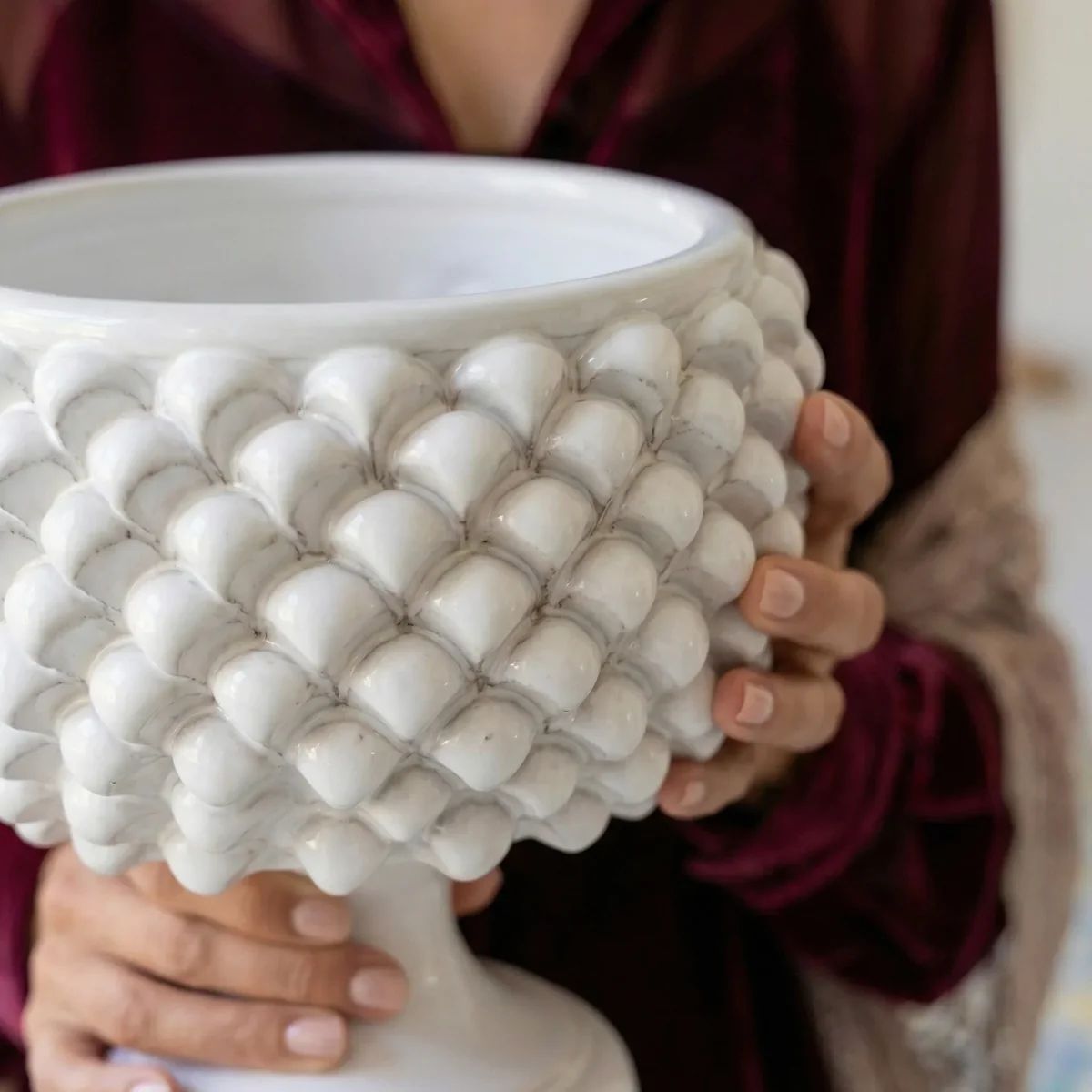 SICILIAN PINECONE: Footed Bowl/Planter/Vase - WHITE
