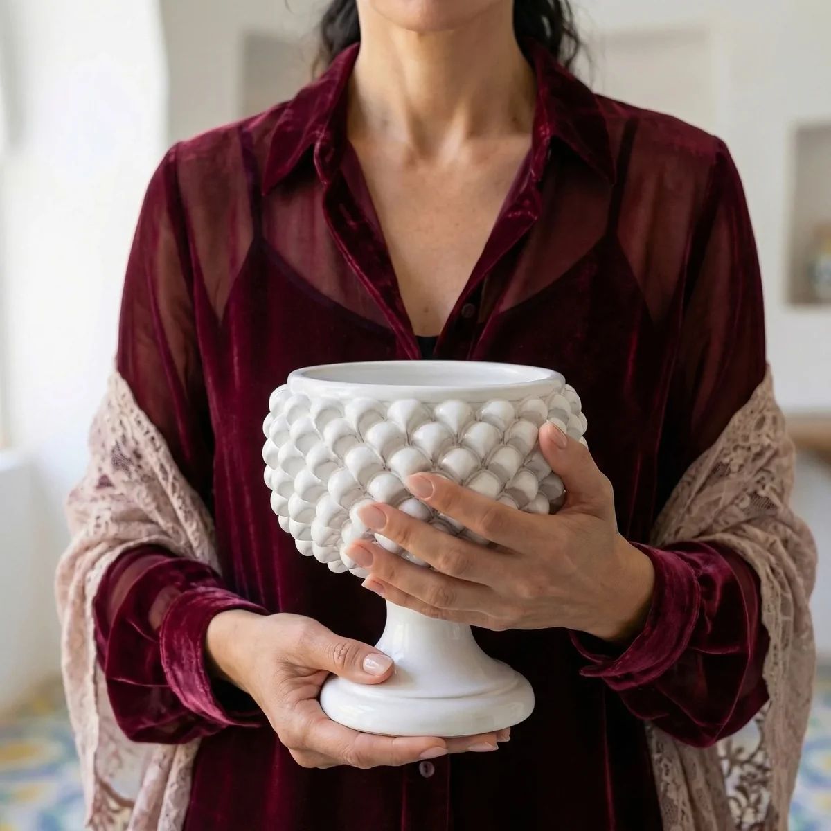 SICILIAN PINECONE: Footed Bowl/Planter/Vase - WHITE