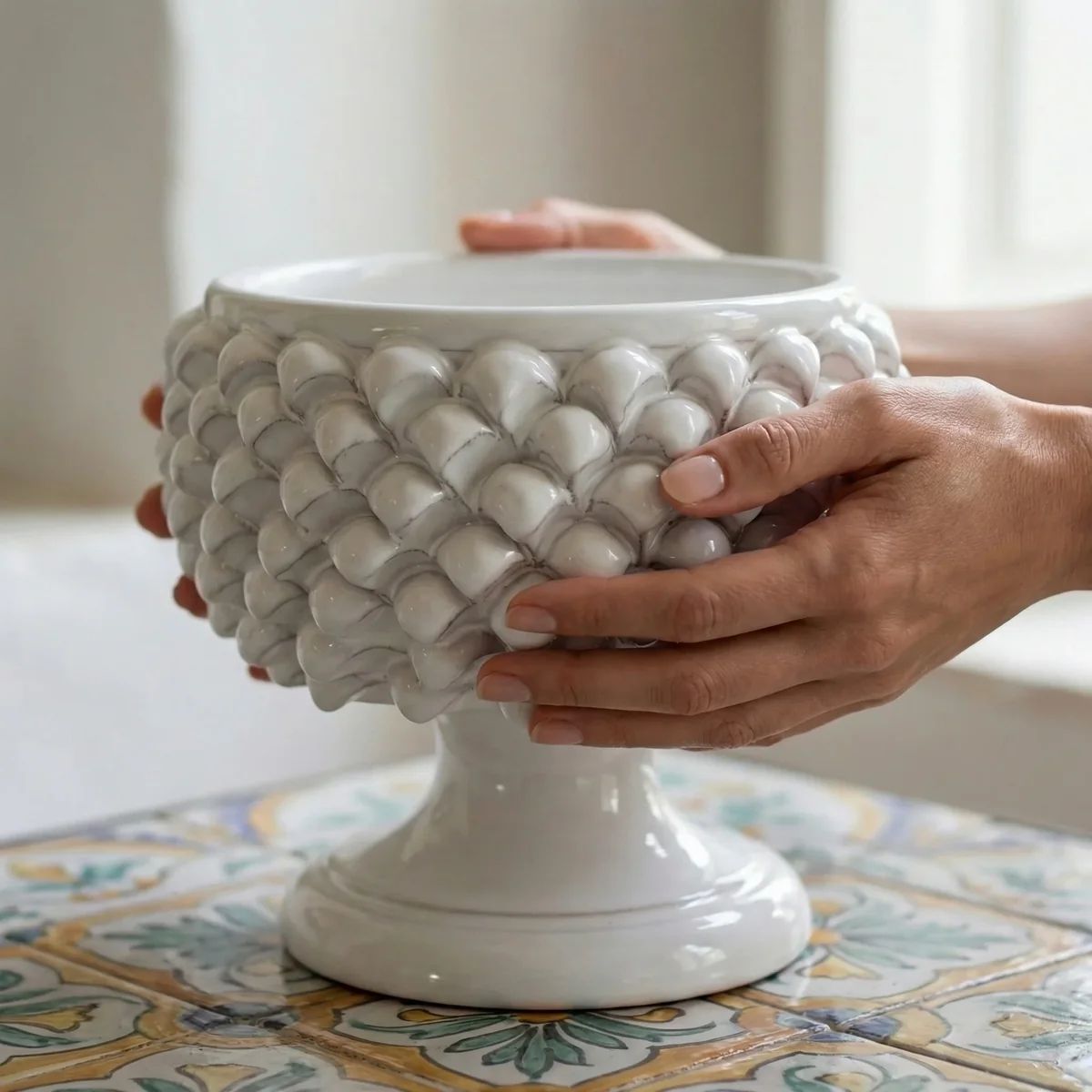 SICILIAN PINECONE: Footed Bowl/Planter/Vase - WHITE
