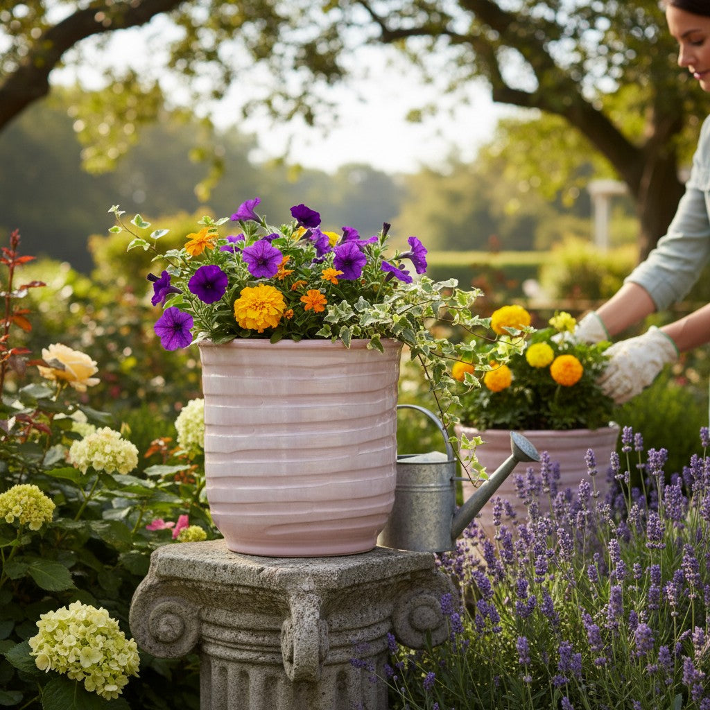 SCAVO Giardini Garden: Modern-Rustic 'Rigato' Cachepot/Planter Translucent ROSE'