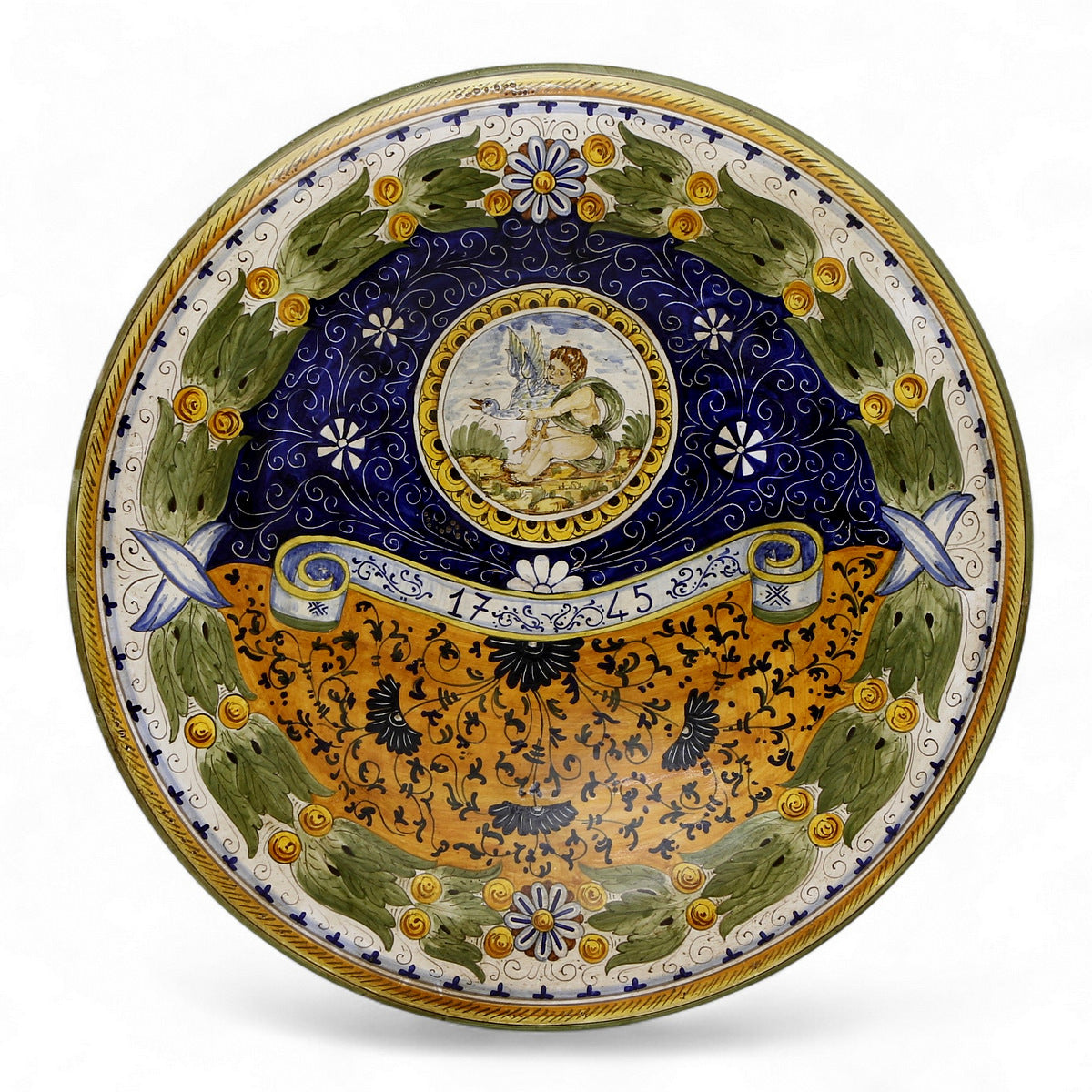 MAJOLICA: Large wall plate with Renaissance Putto Tuscan Design (22D)