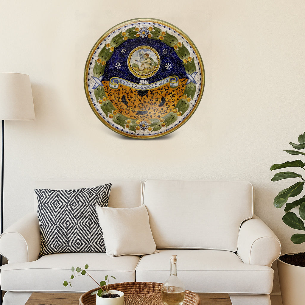 MAJOLICA: Large wall plate with Renaissance Putto Tuscan Design (22D)
