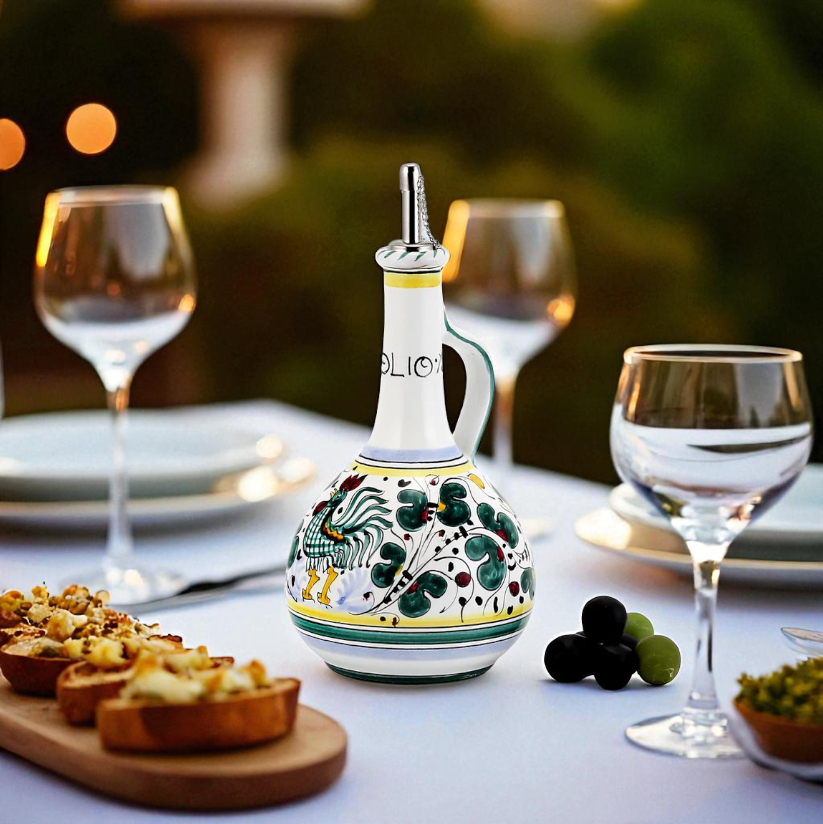 ORVIETO GREEN ROOSTER: Olive Oil Bottle Dispenser Deluxe with Dipping Bowl Tray