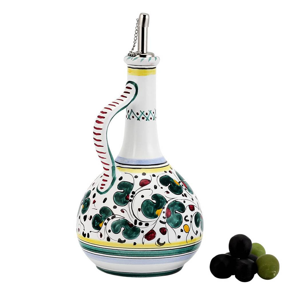 GIFT BOX: With authentic Deruta hand painted ceramic - Olive Oil Dispenser Green Rooster Design