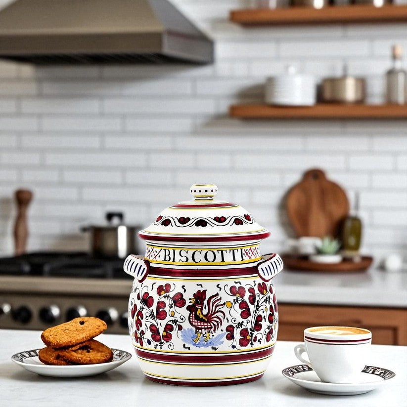 ORVIETO RED ROOSTER: Traditional Biscotti Jar - Artistica.com