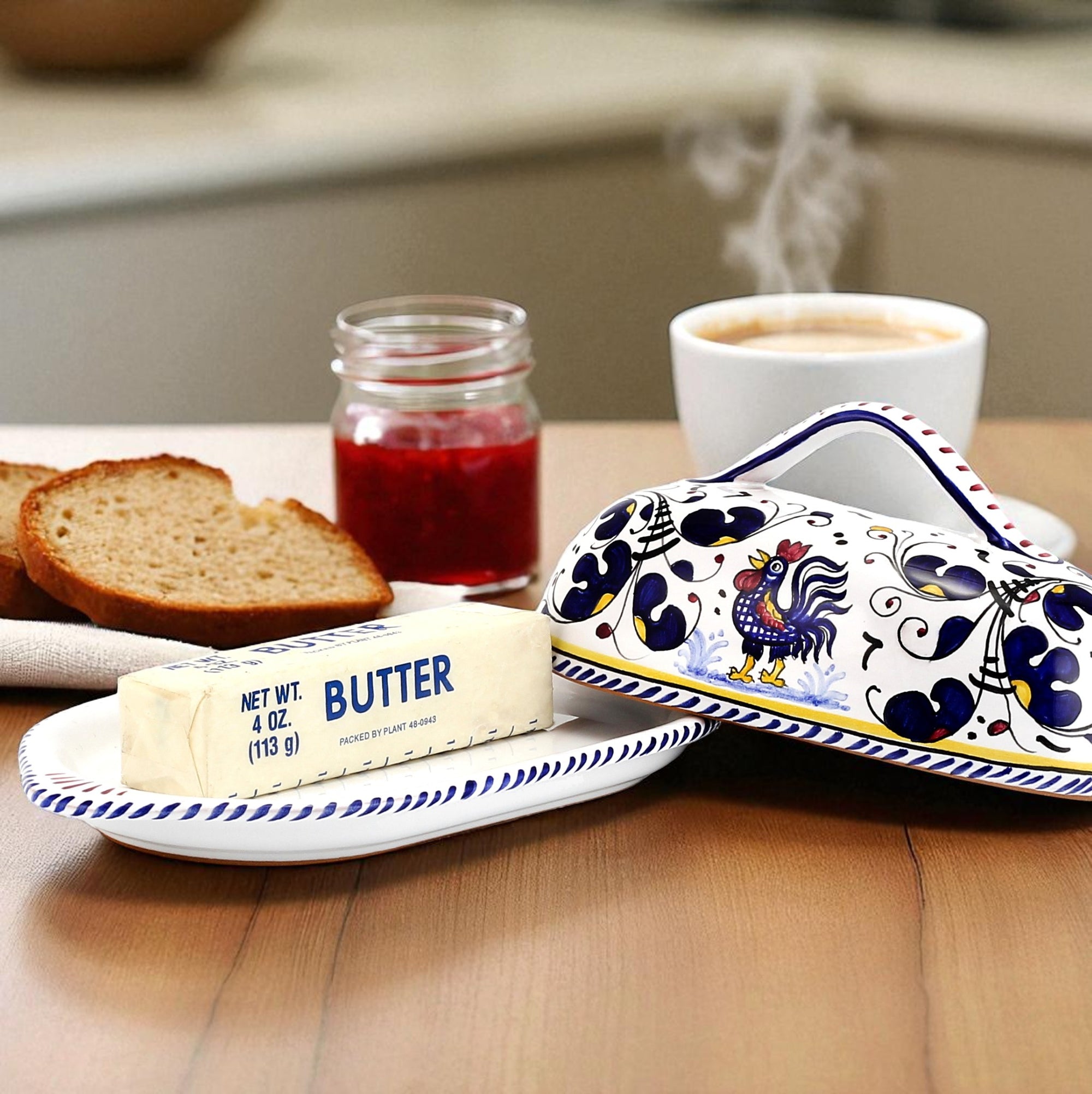 ORVIETO BLUE ROOSTER: Butter Dish with Cover - Artistica.com