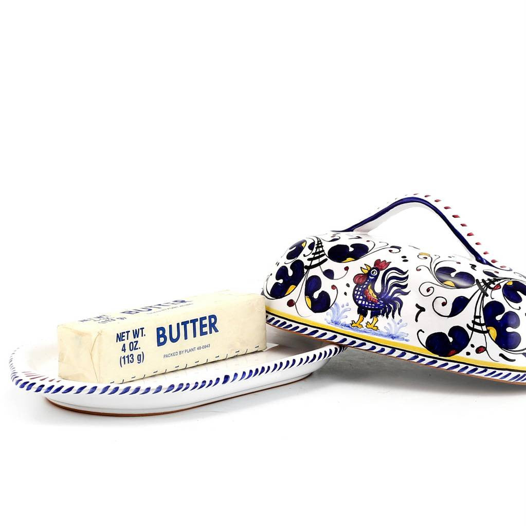 GIFT BOX: With authentic Deruta hand painted ceramic - Butter Dish with cover Blue Rooster Design