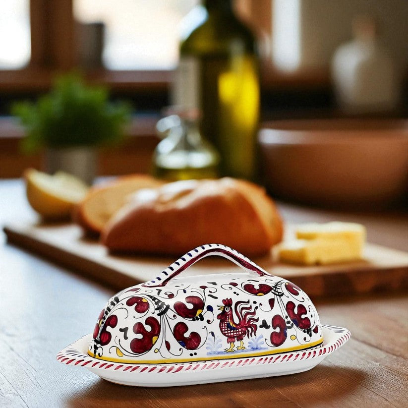 ORVIETO RED ROOSTER: Oval Butter Dish with Cover