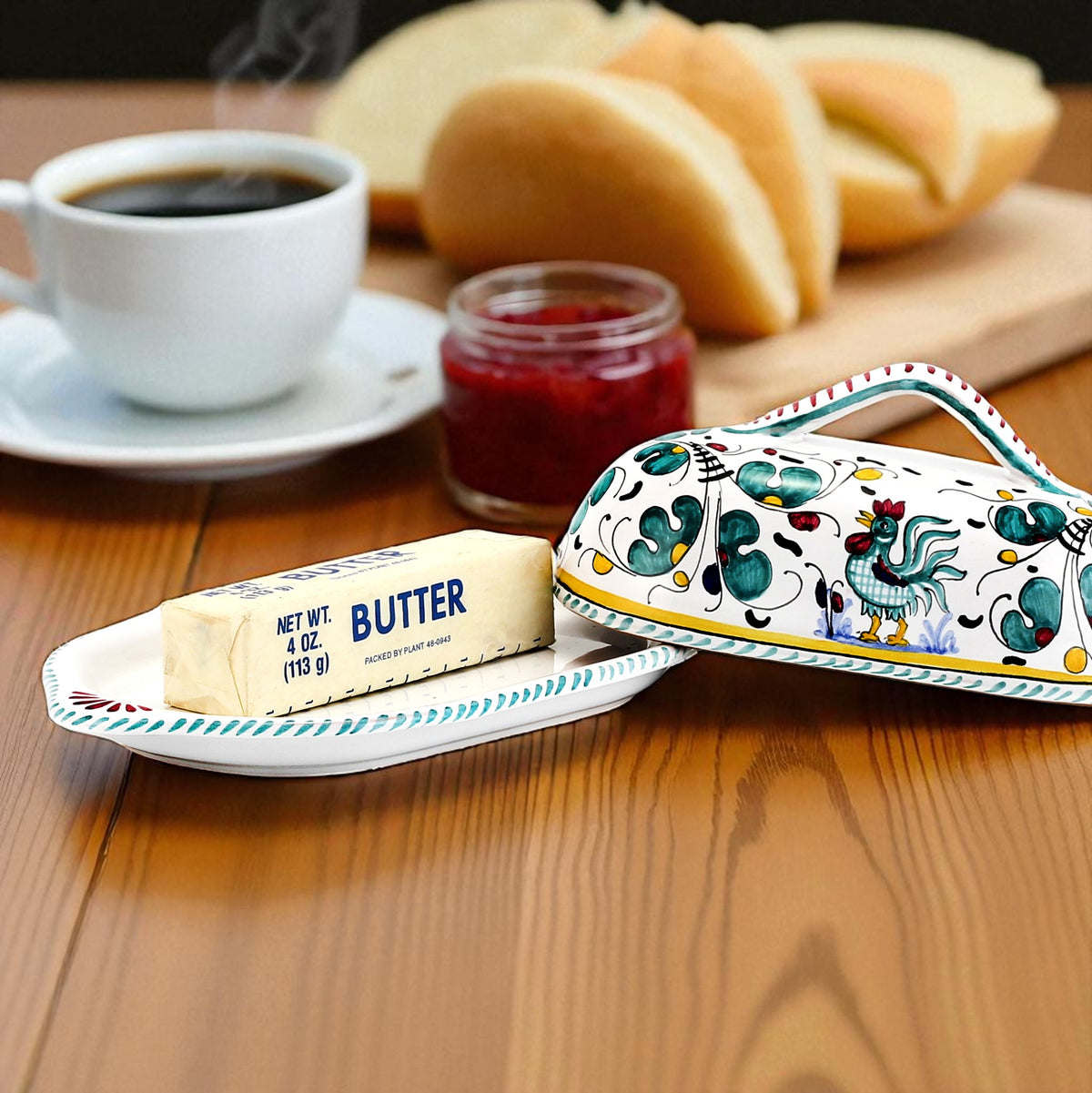 ORVIETO GREEN ROOSTER: Oval Butter Dish with Cover