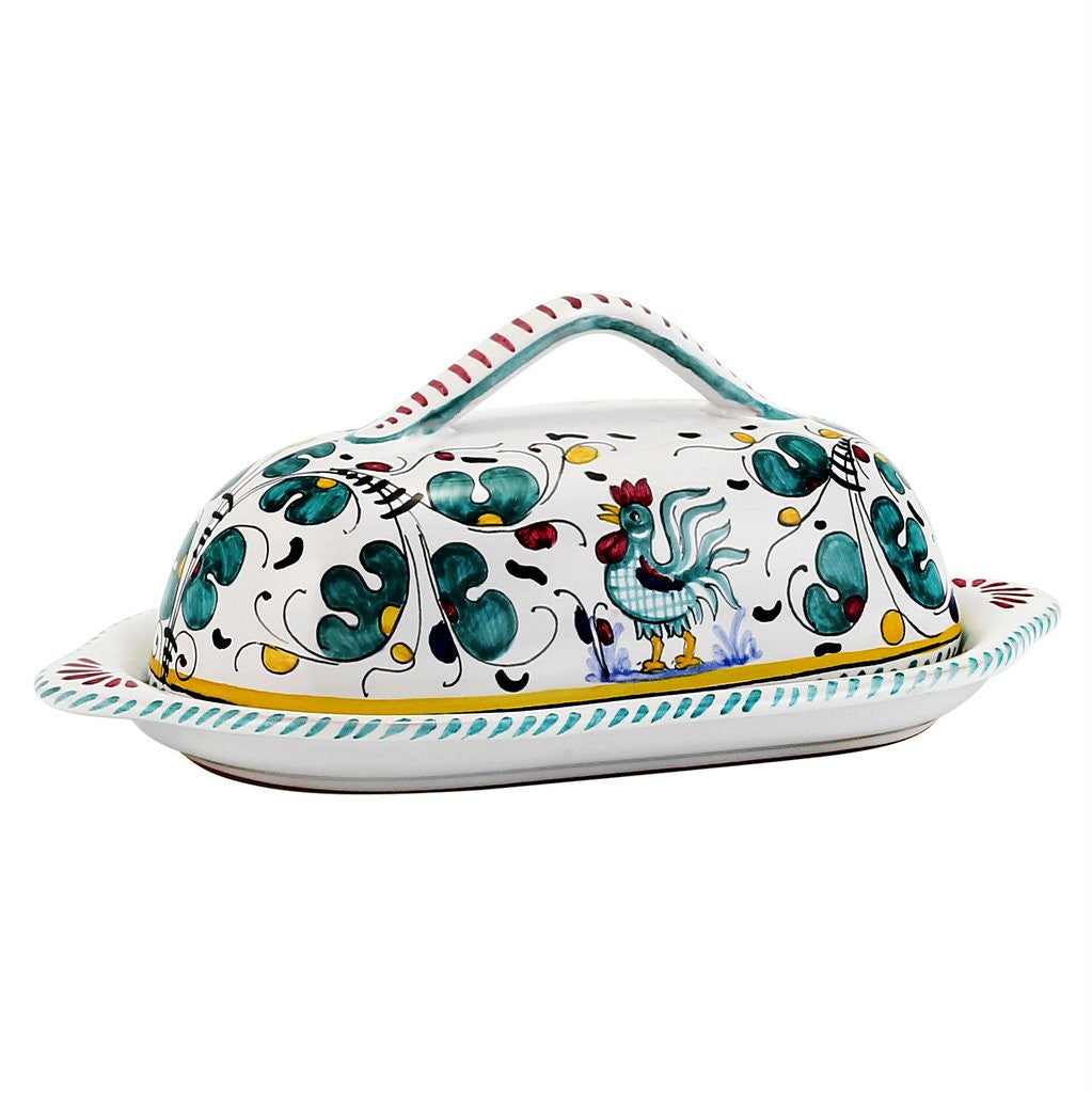 GIFT BOX: With authentic Deruta hand painted ceramic - Butter Dish with cover Green Rooster Design