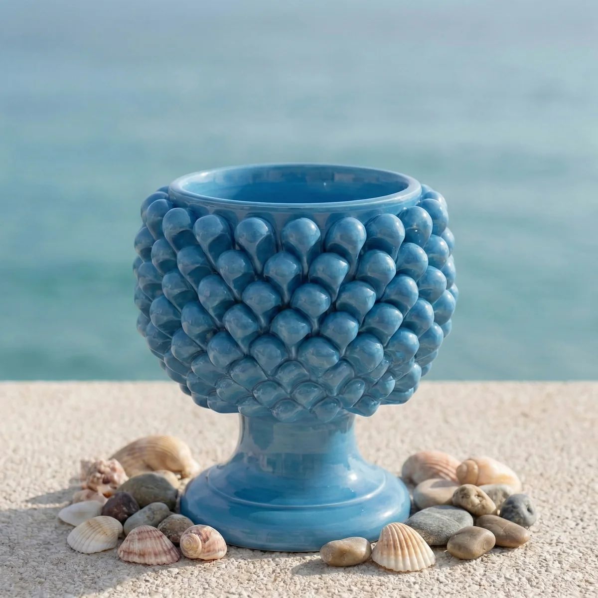 SICILIAN PINECONE: Footed Bowl/Planter/Vase - CAPRI BLUE