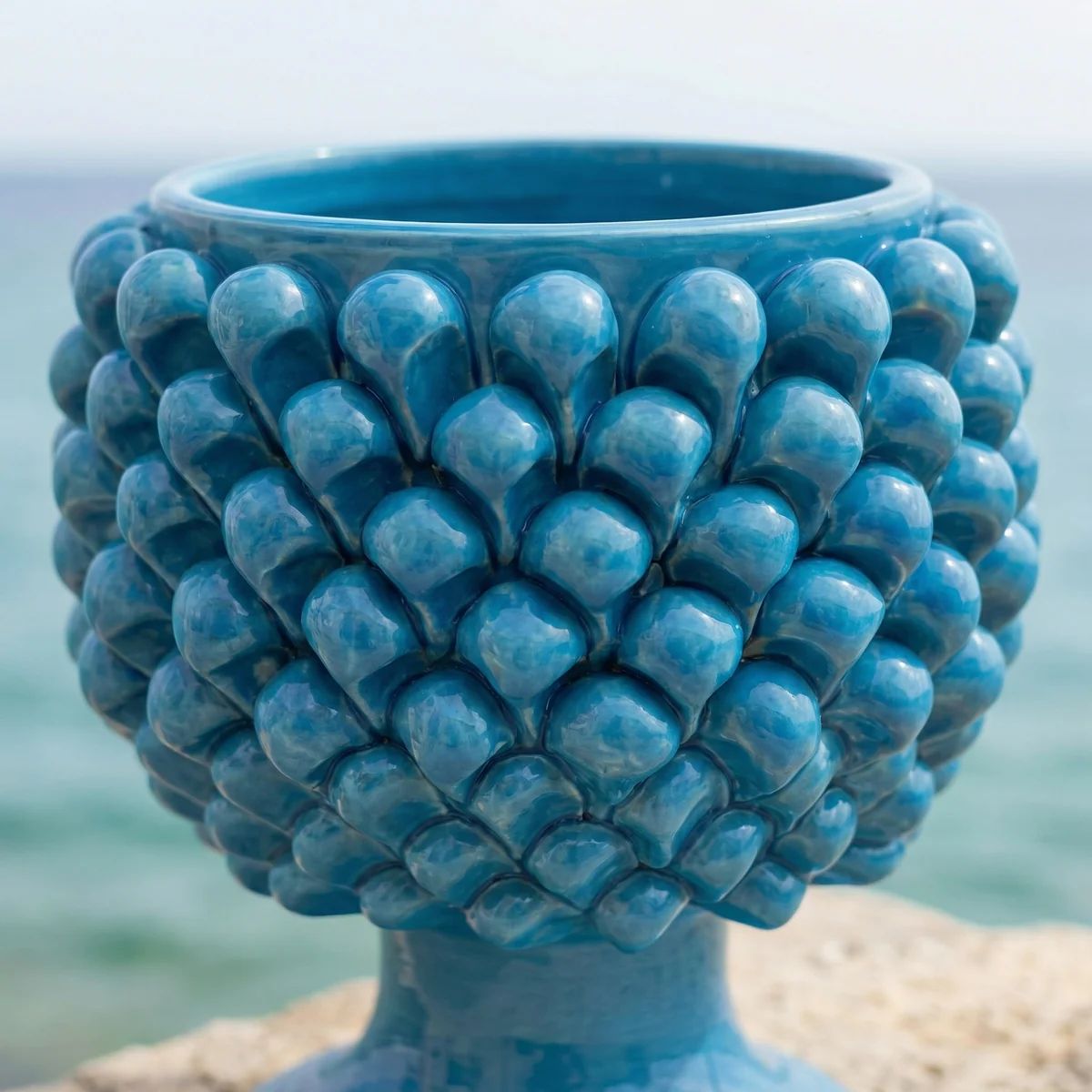 SICILIAN PINECONE: Footed Bowl/Planter/Vase - CAPRI BLUE