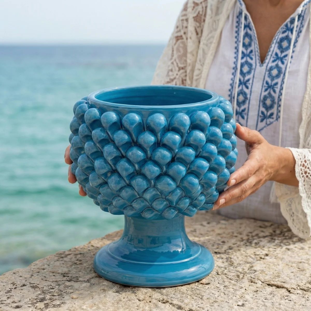 SICILIAN PINECONE: Footed Bowl/Planter/Vase - CAPRI BLUE