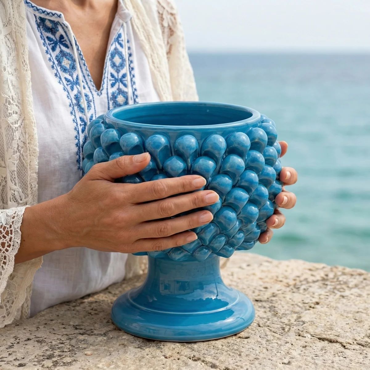 SICILIAN PINECONE: Footed Bowl/Planter/Vase - CAPRI BLUE