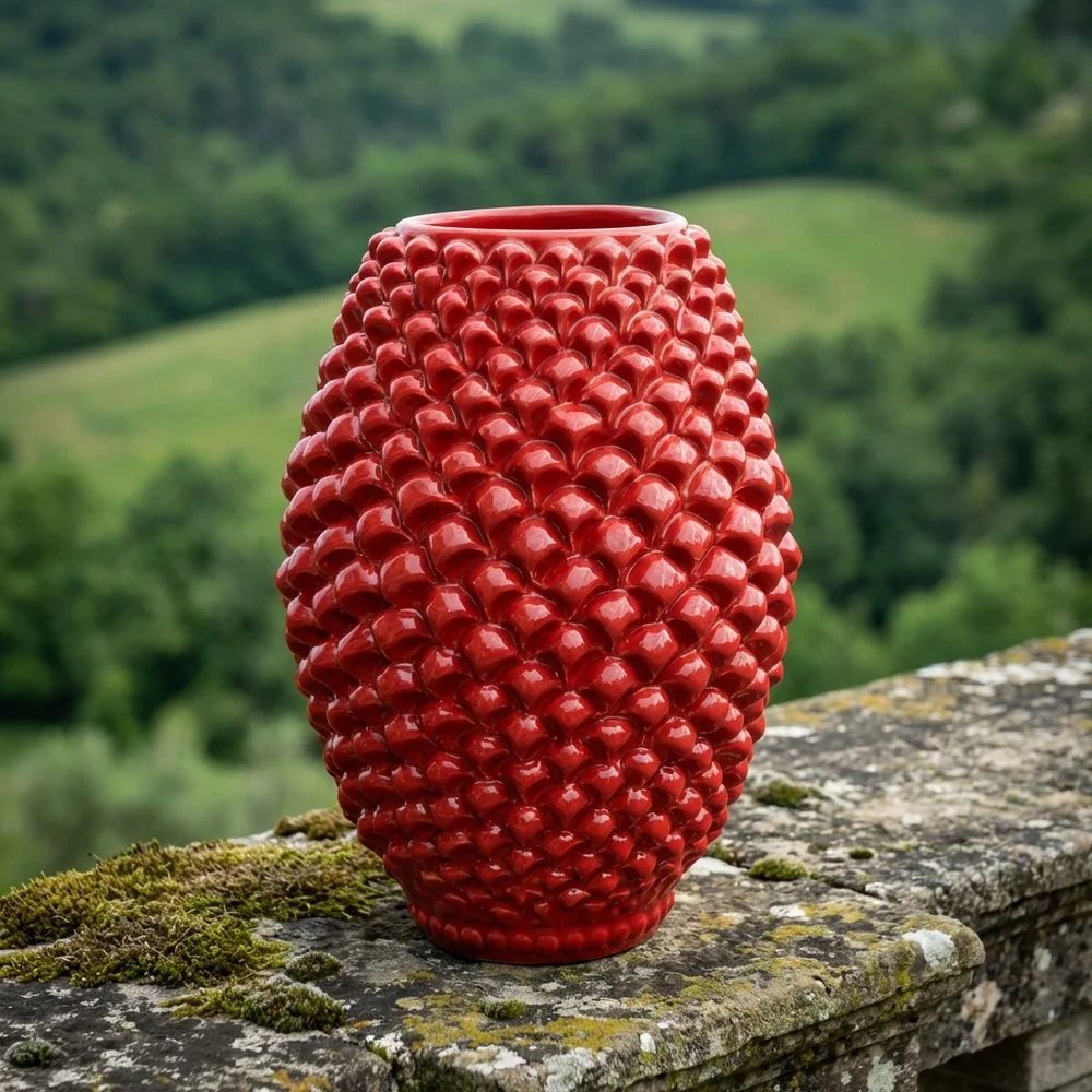 SICILIAN PINECONE: Ceramic Barrel Vase - FIRE RED
