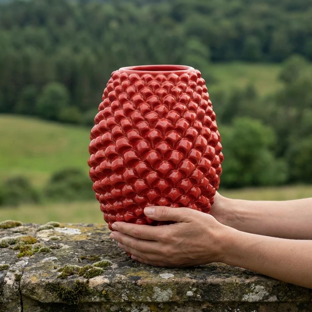 SICILIAN PINECONE: Ceramic Barrel Vase - FIRE RED