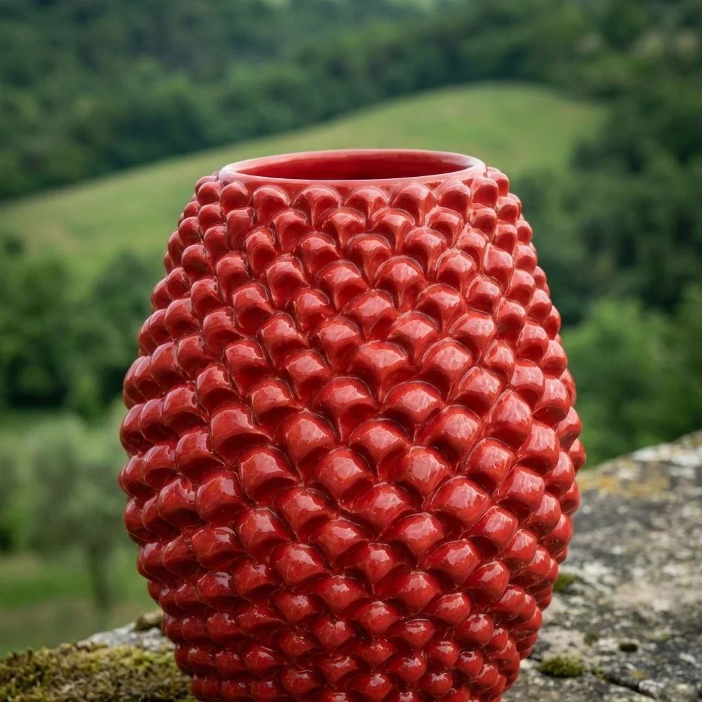 SICILIAN PINECONE: Ceramic Barrel Vase - FIRE RED