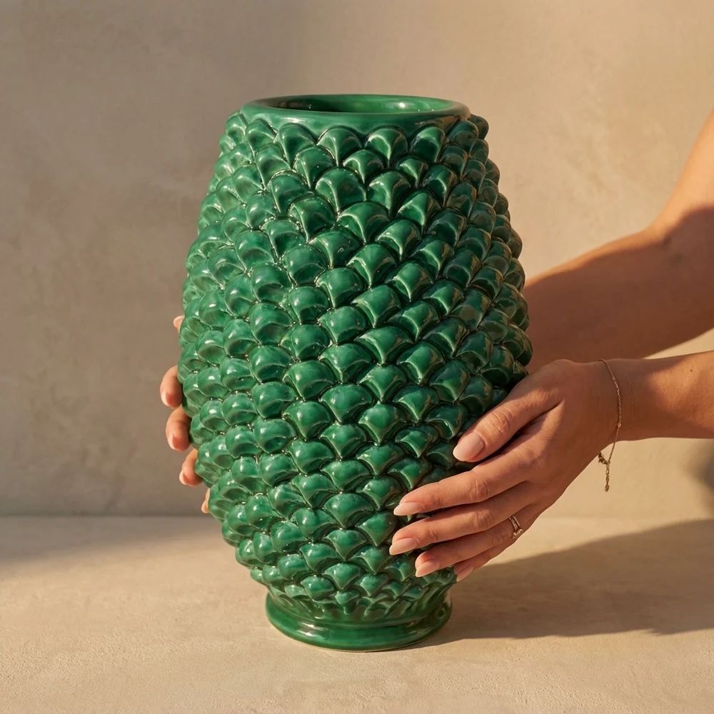 SICILIAN PINECONE: Ceramic Barrel Vase - VERDE GREEN