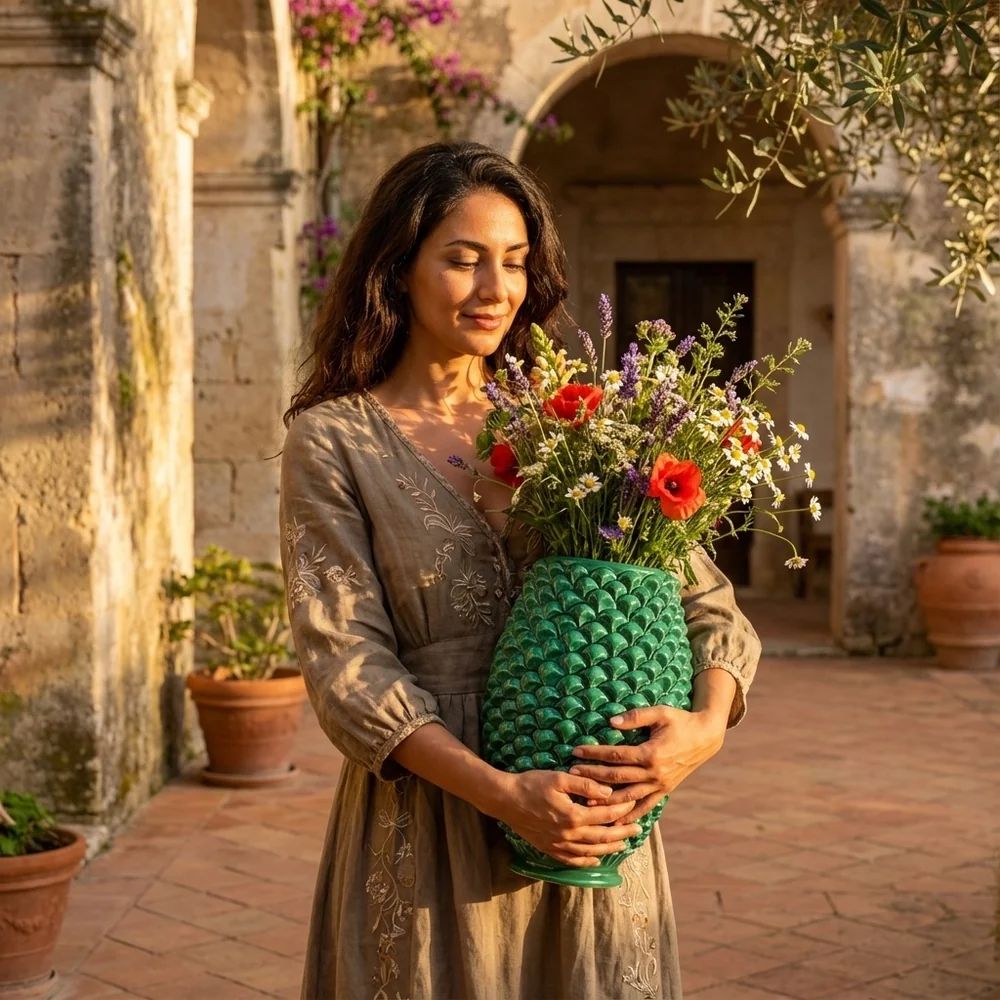 SICILIAN PINECONE: Ceramic Barrel Vase - VERDE GREEN