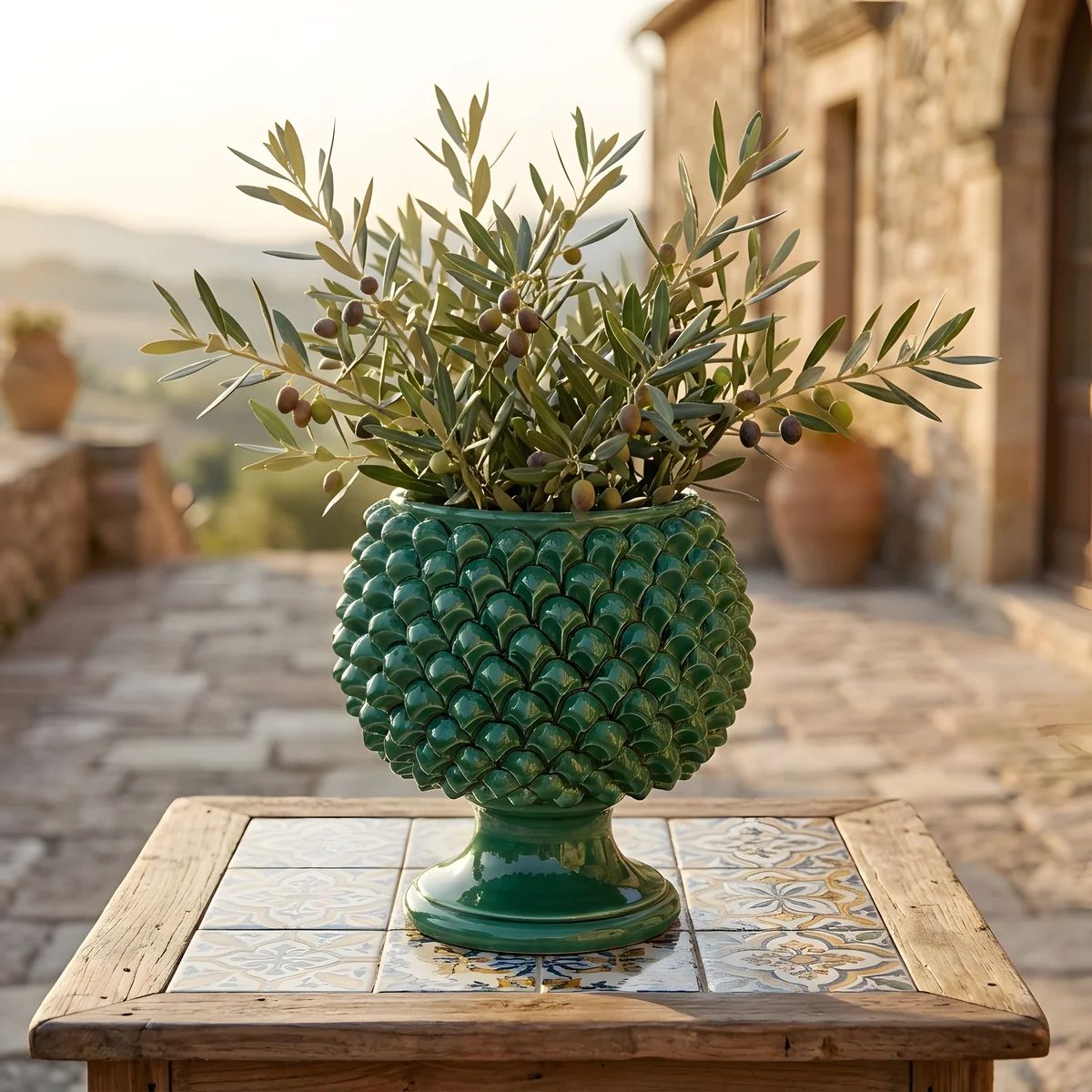 SICILIAN PINECONE: Footed Bowl/Planter/Vase - VERDE GREEN