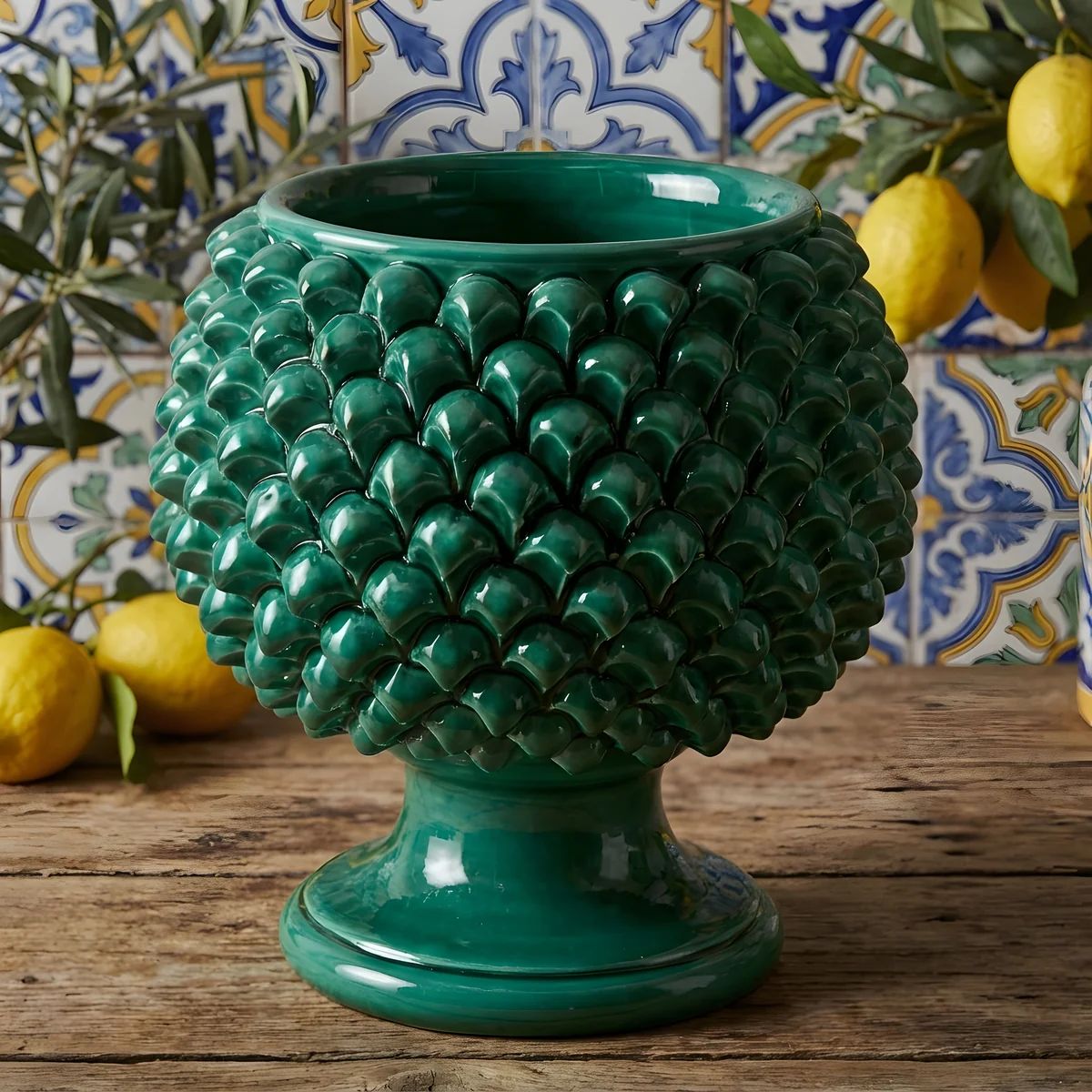 SICILIAN PINECONE: Footed Bowl/Planter/Vase - VERDE GREEN