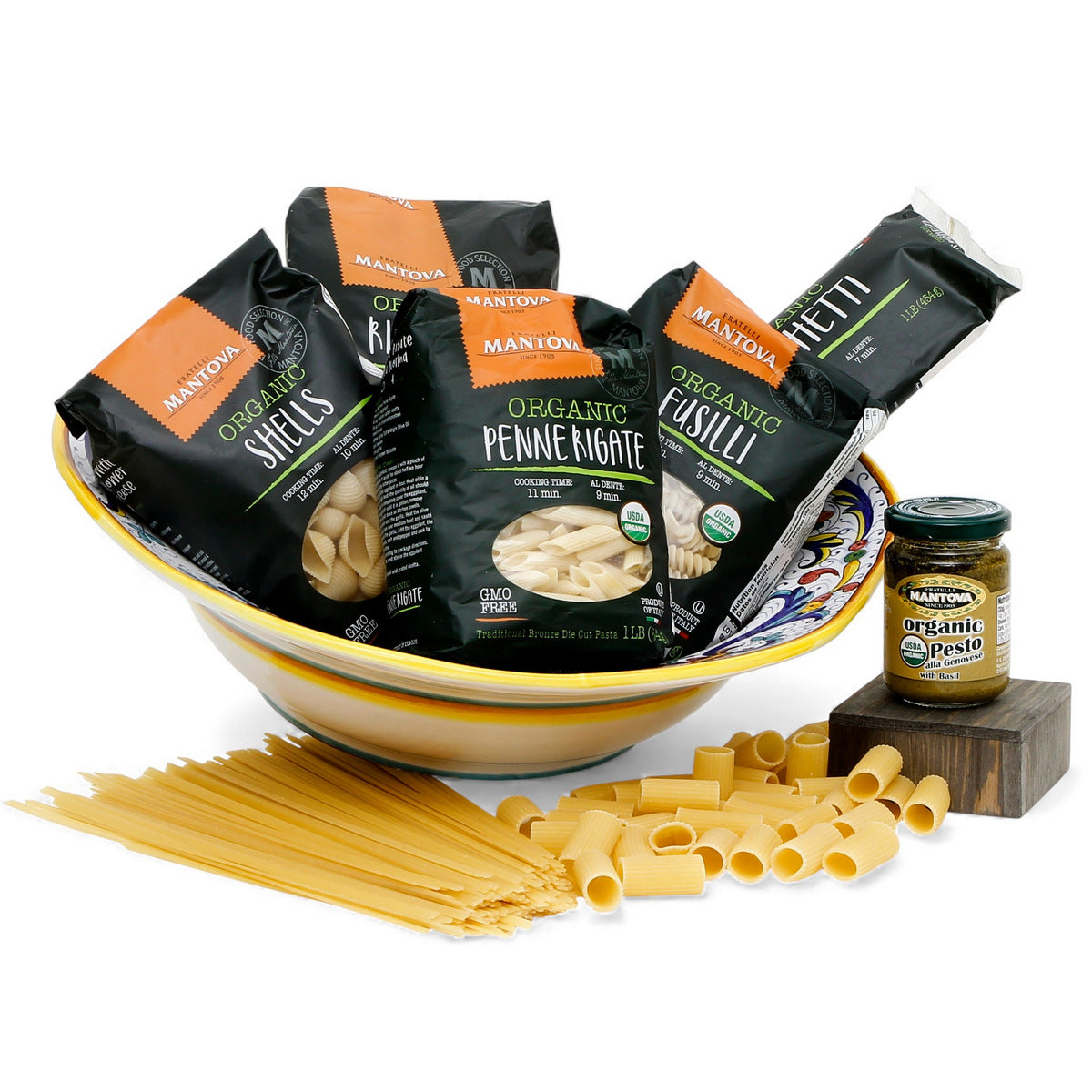 GIFT BUNDLES: Deruta Extra Large Pasta Hexagonal Bowl with 5 Organic Pasta + Pesto Sauce - RICCO DERUTA design