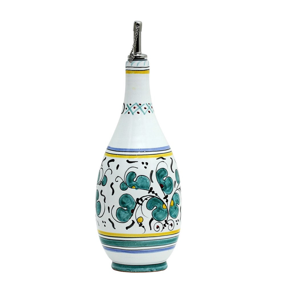 GIFT BOX: With authentic Deruta hand painted ceramic - OLIVE OIL DISPENSER BOTTLE Green Rooster Design