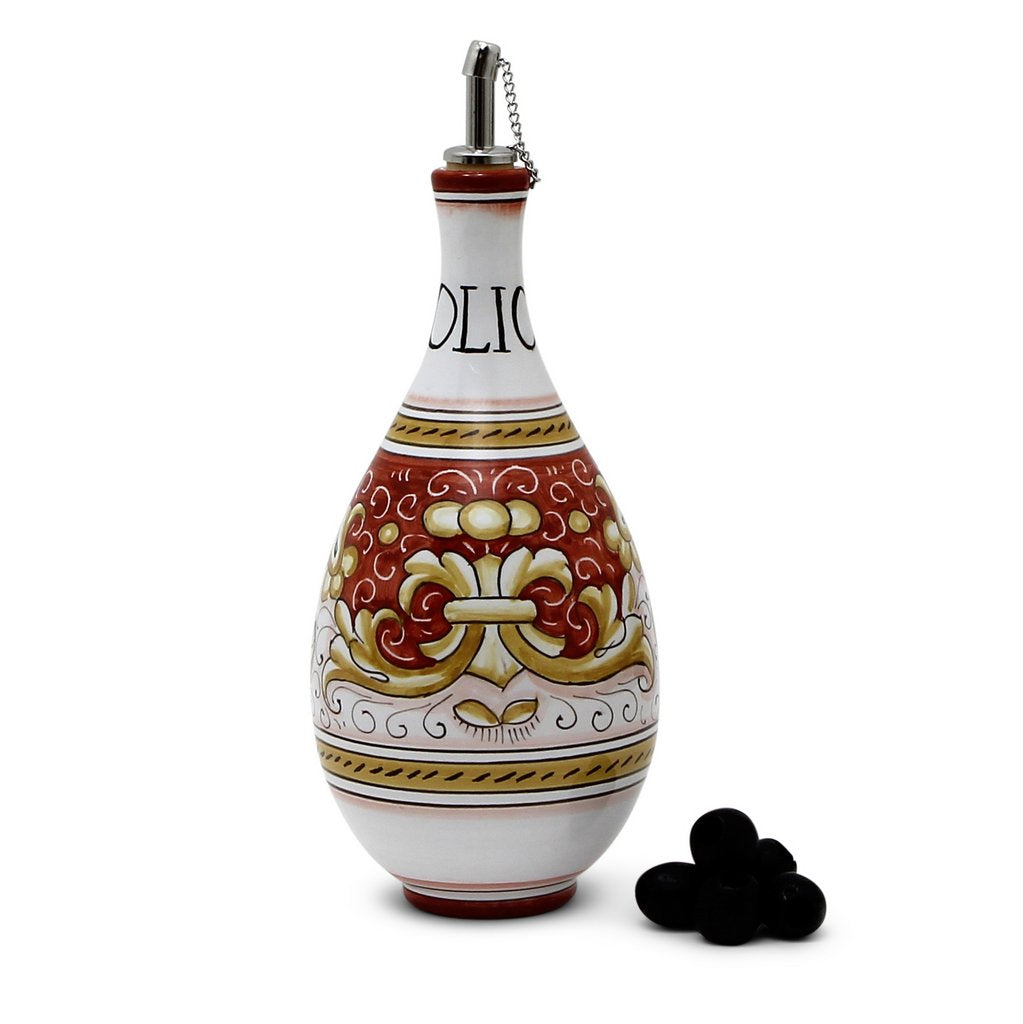 GIFT BOX: With authentic Deruta hand painted ceramic - DERUTA COLORI: OLIVE OIL DISPENSER BOTTLE CORAL RED
