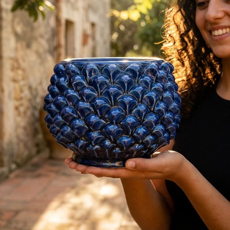 SICILIAN PINECONE: Ceramic Vase Planter Handcrafted - DEEP BLUE
