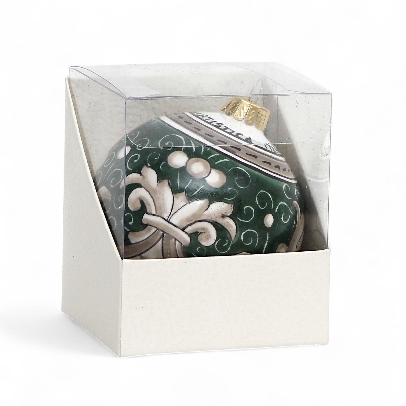 CHRISTMAS ORNAMENT: Deruta Vario Deluxe Round Ball (3.25" Ø) -  SAGE GREEN and CORAL RED (Set of 2 Pcs)