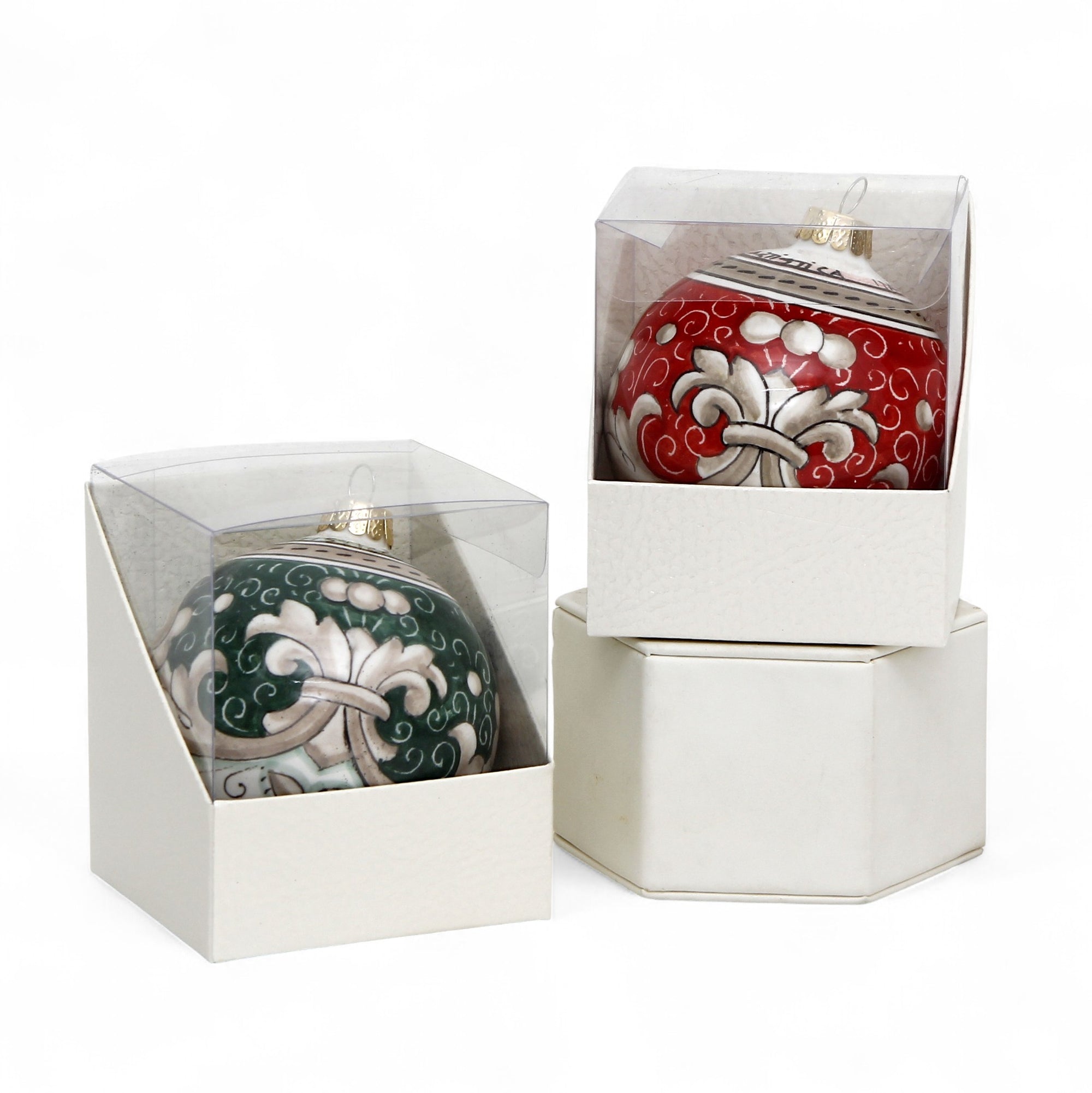 CHRISTMAS ORNAMENT: Deruta Vario Deluxe Round Ball (3.25" Ø) -  SAGE GREEN and CORAL RED (Set of 2 Pcs)