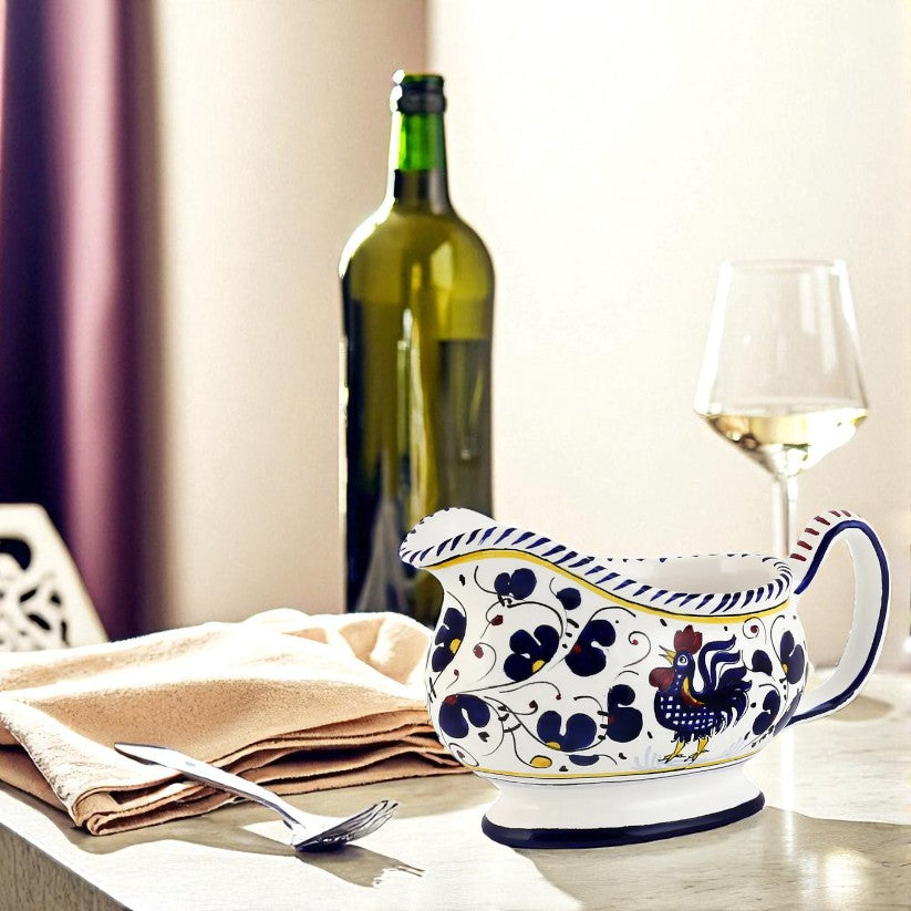 GIFT BOX: With authentic Deruta hand painted ceramic - Gravy Sauce Boat Blue Rooster Design