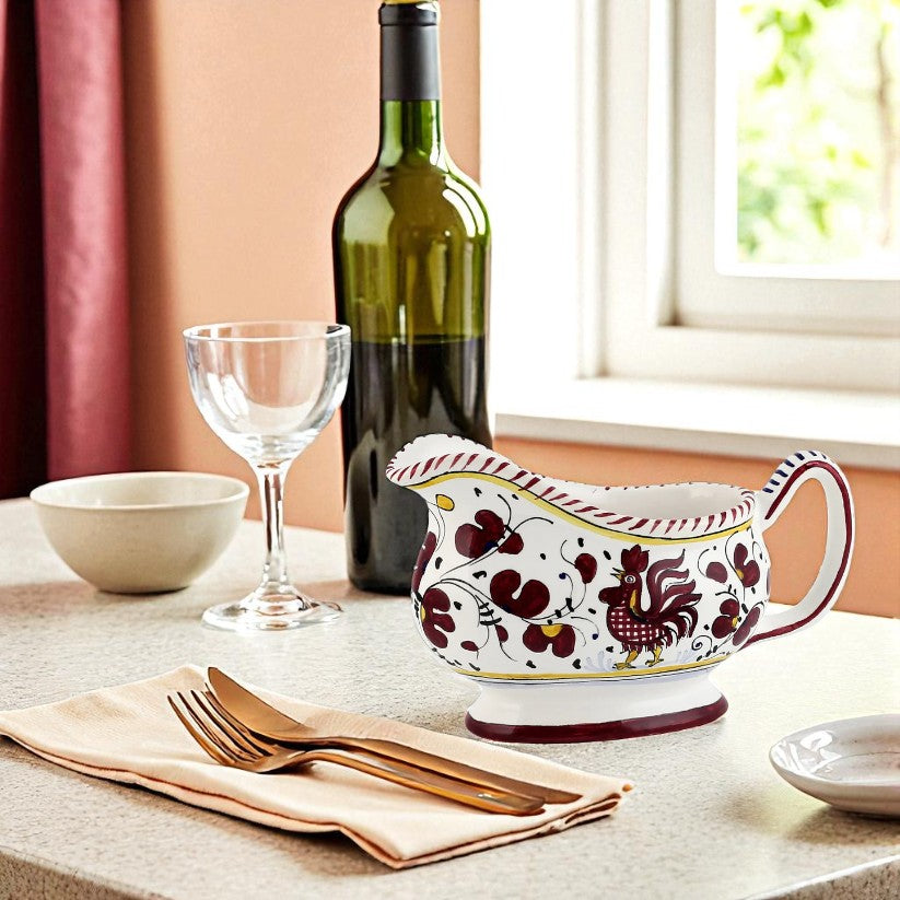 GIFT BOX: With authentic Deruta hand painted ceramic - Gravy Sauce Boat Red Rooster Design