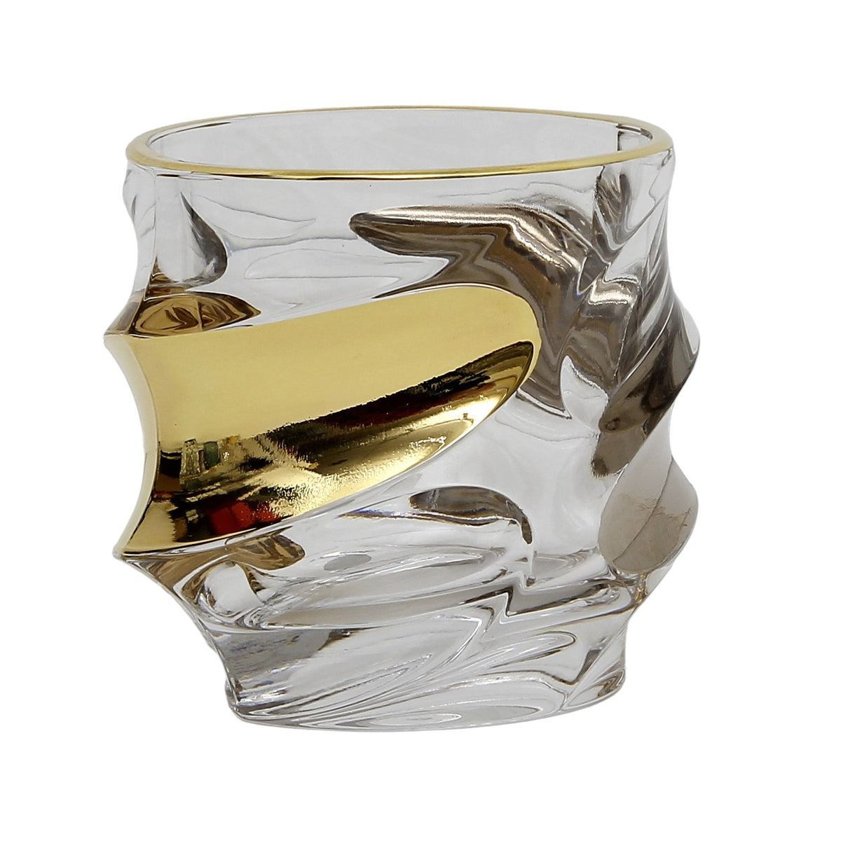 CRYSTAL GLASS: Exquisite Italian Crystal Glass for Whiskey/Old Fashion featuring a 24 Carat Gold Rim and Gold/Platinum Accents.