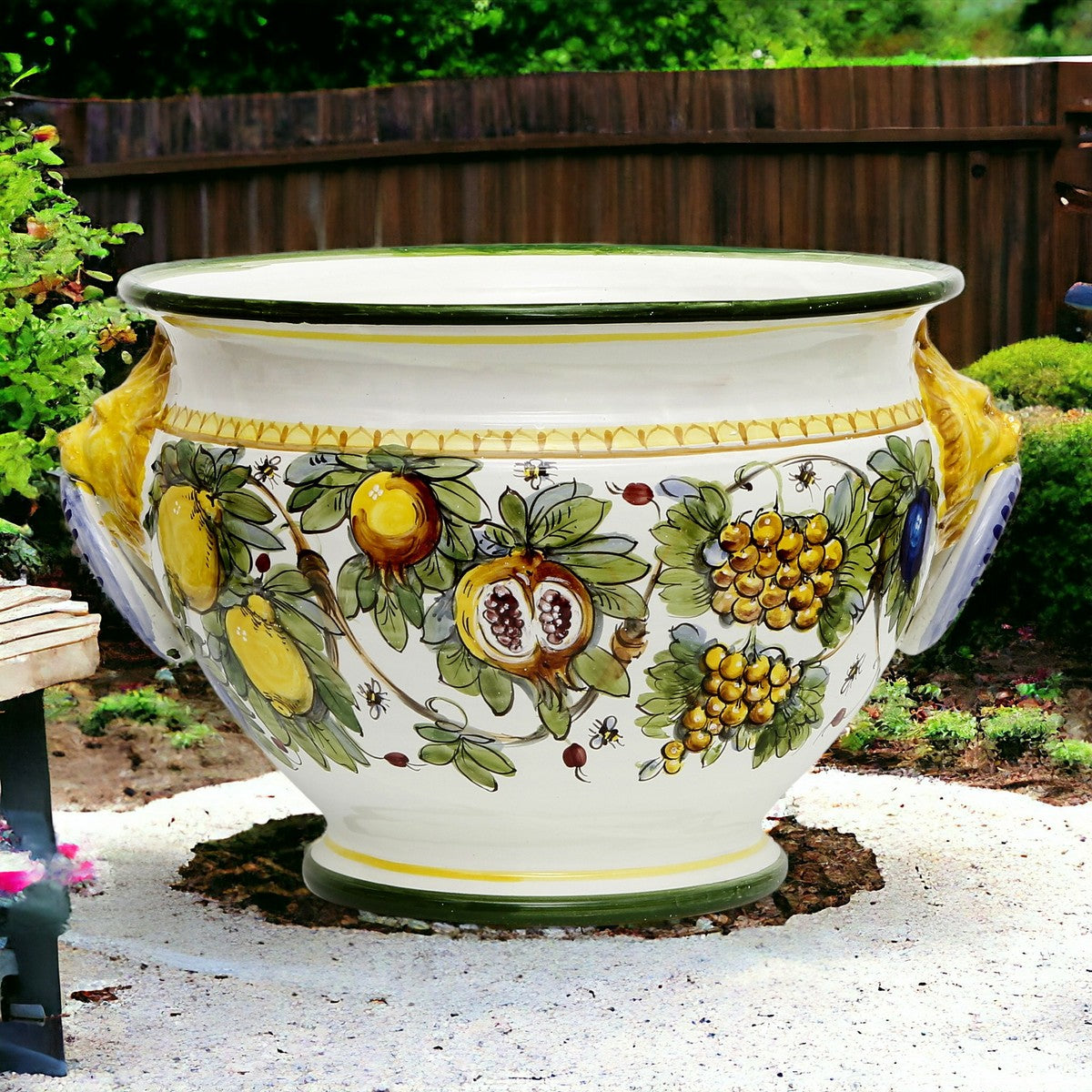 MAJOLICA LIMONI MONTELUPO: Tuscan cachepot (Lion Head + Ring) - Extra Large 18"Ø