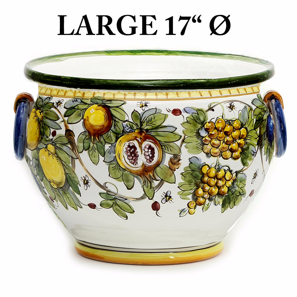 MAJOLICA LIMONI MONTELUPO: Round Tuscan cachepot/planter with side rings (Large 17" Diam.)