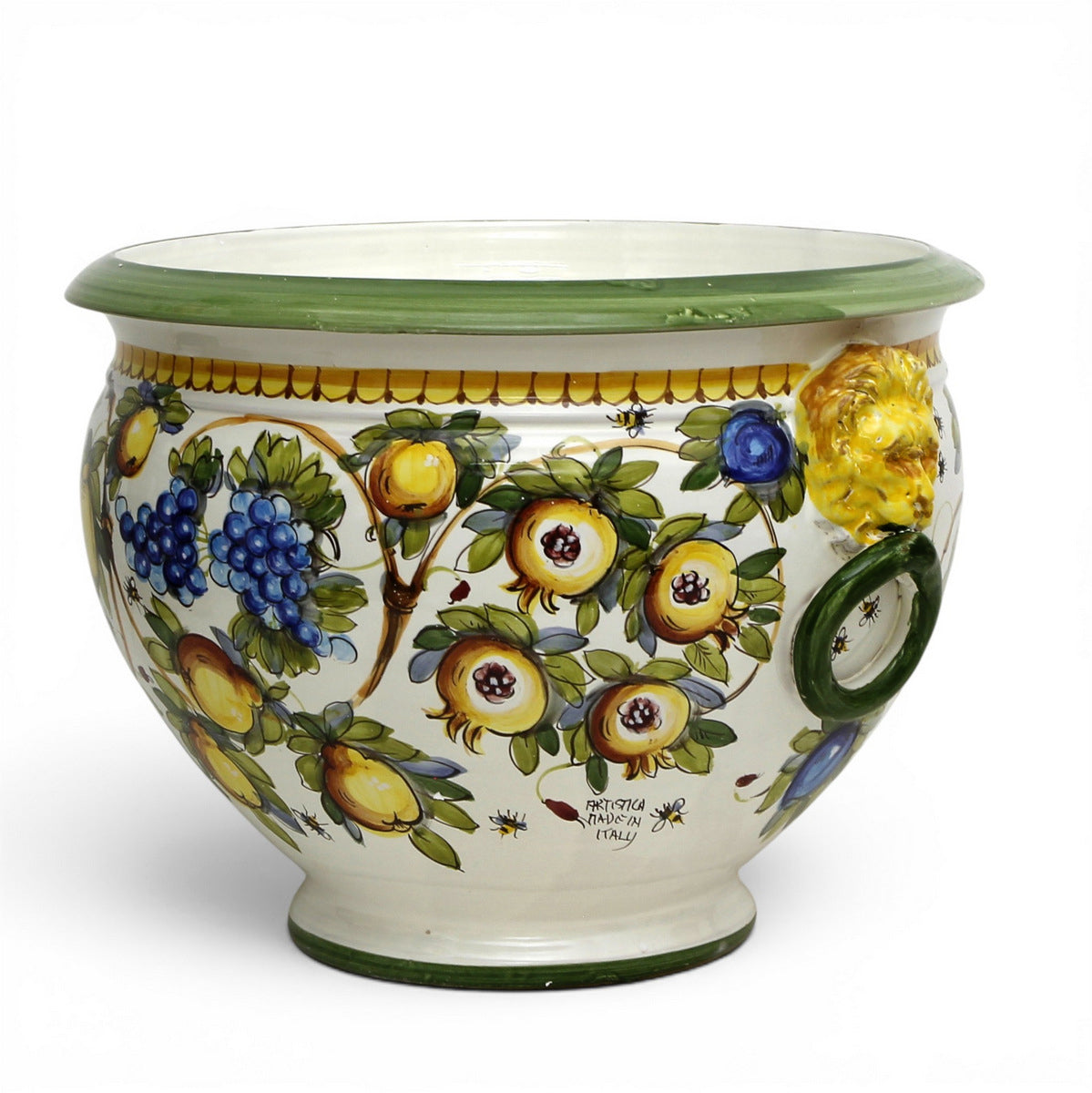 MAJOLICA LIMONI MONTELUPO: Tuscan cachepot (Lion Head + Ring) - Extra Large 18"Ø