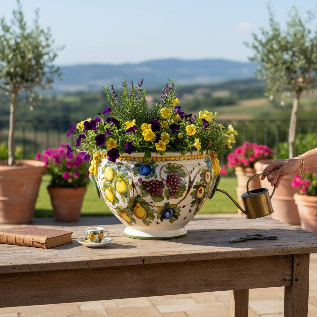 MAJOLICA LIMONI MONTELUPO: Tuscan cachepot (Lion Head + Ring) - Extra Large 18"Ø