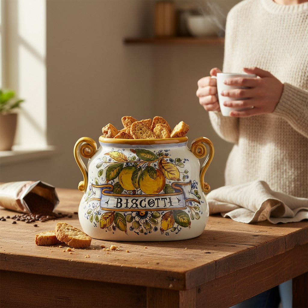 POSITANO: Biscotti oval jar hand painted with exclusive Positano Lemon design