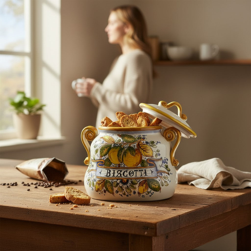 POSITANO: Biscotti oval jar hand painted with exclusive Positano Lemon design