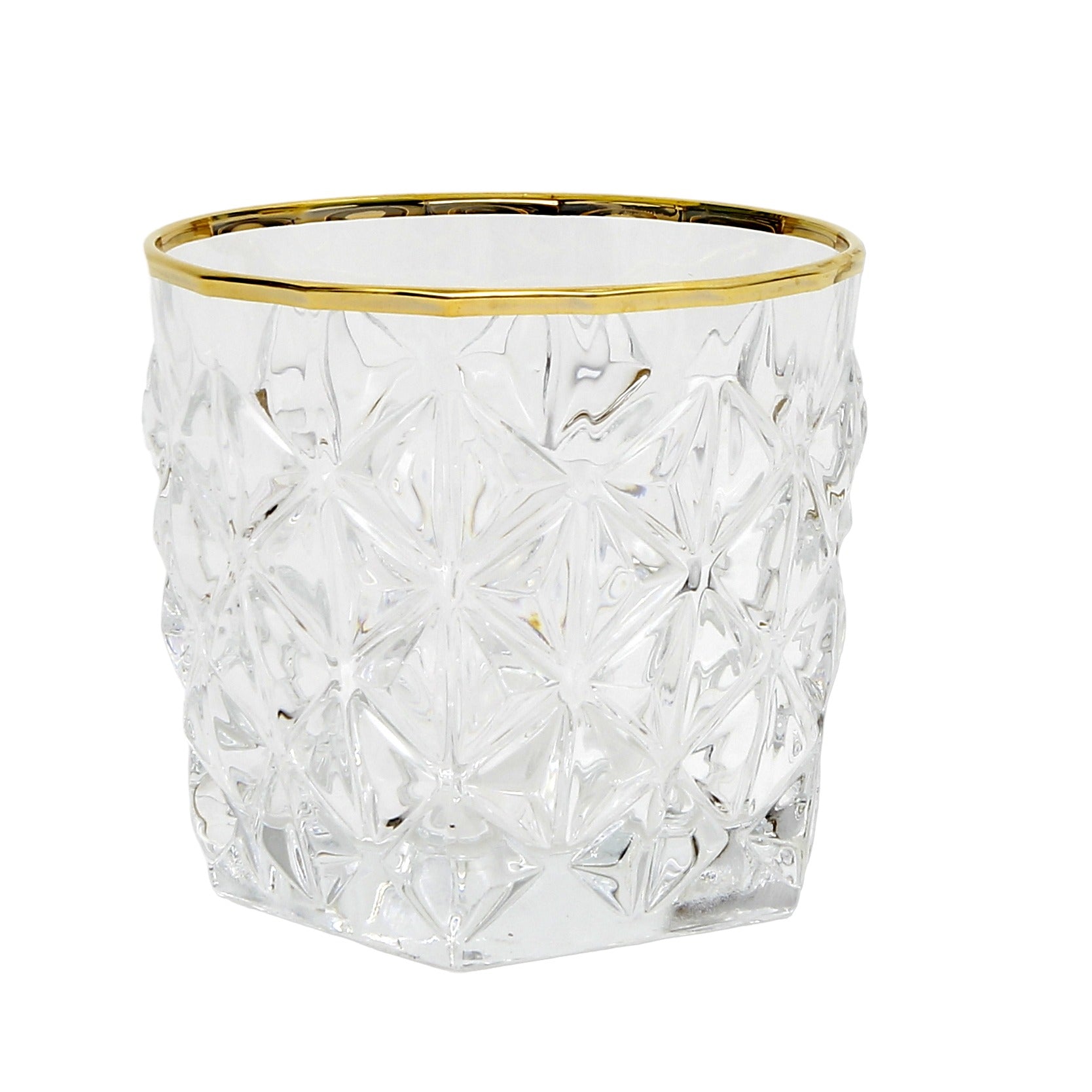 CRYSTAL GLASS: Exquisite Italian Crystal Round Glass for Whiskey/Old Fashion featuring a 24 Carat Gold Rim and Gold/Platinum Accents.