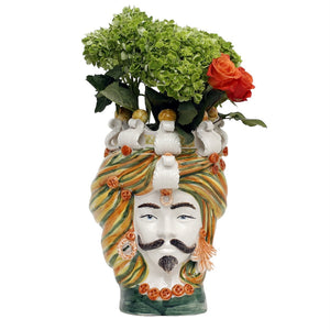 MICALE DI ARCIREALE: Deluxe Moorish Sicilian Head Vase - Man Orange/Yellow/Green Tone Accents