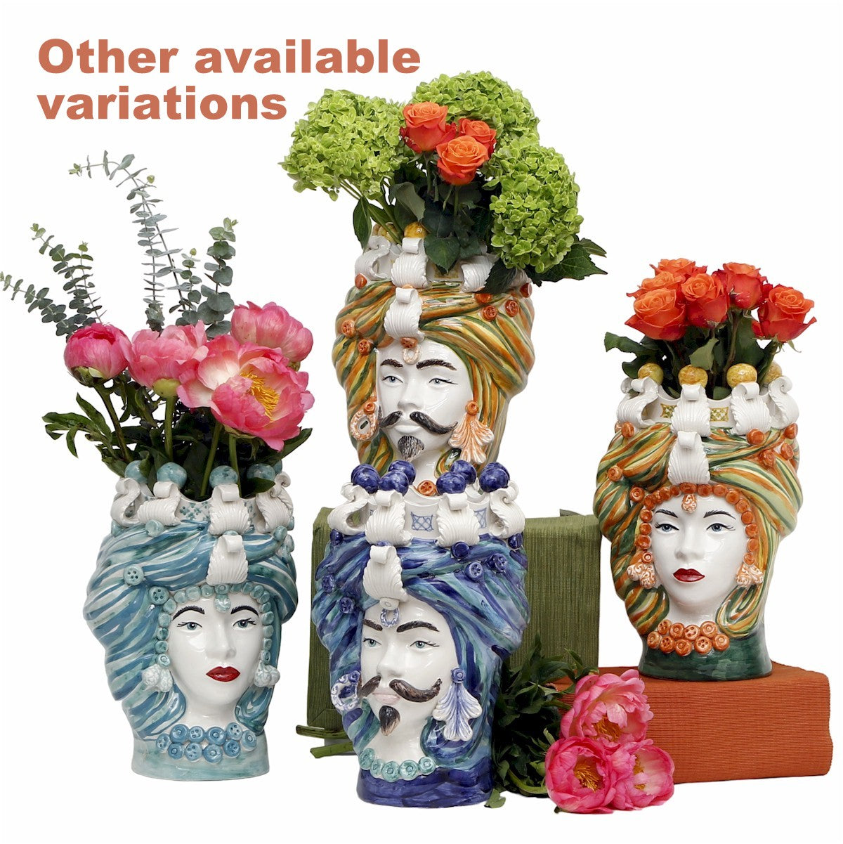 MICALE DI ARCIREALE: Deluxe Moorish Sicilian Head Vase - Man Orange/Yellow/Green Tone Accents