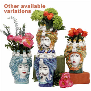 MICALE DI ARCIREALE: Deluxe Moorish Sicilian Head Vase - Man Two Blue Tone Accents