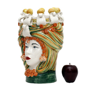 MICALE DI ARCIREALE: Deluxe Moorish Sicilian Head Vase - Woman Orange/Yellow/Green Tone Accents